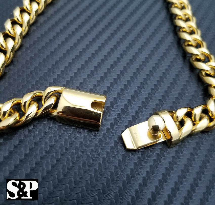 Men Gold Finish Stainless Steel Special Lock 10mm 24", 30 Cuban Chain Necklace
