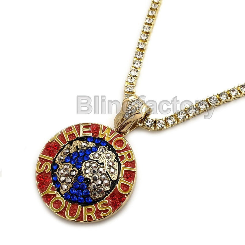 Hip Hop Iced The World is Yours Pendant & 18" 1 Row Tennis Choker Chain Necklace