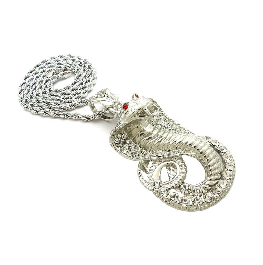 HIP HOP ICED OUT SILVER PLATED COBRA SNAKE PENDANT & 4mm24" ROPE CHAIN NECKLACE