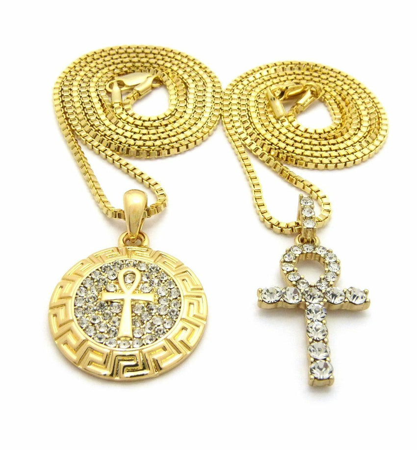 Iced Out Egypt Breath of Life Ankh Pendant w/ 24",30" Box Chain 2 Necklace Set