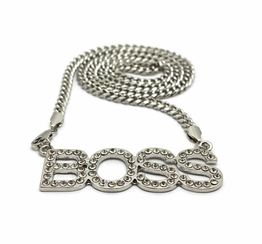 Women's Fashion White Gold Plated CZ BOSS Pendant & 5mm 24" Link Chain Necklace