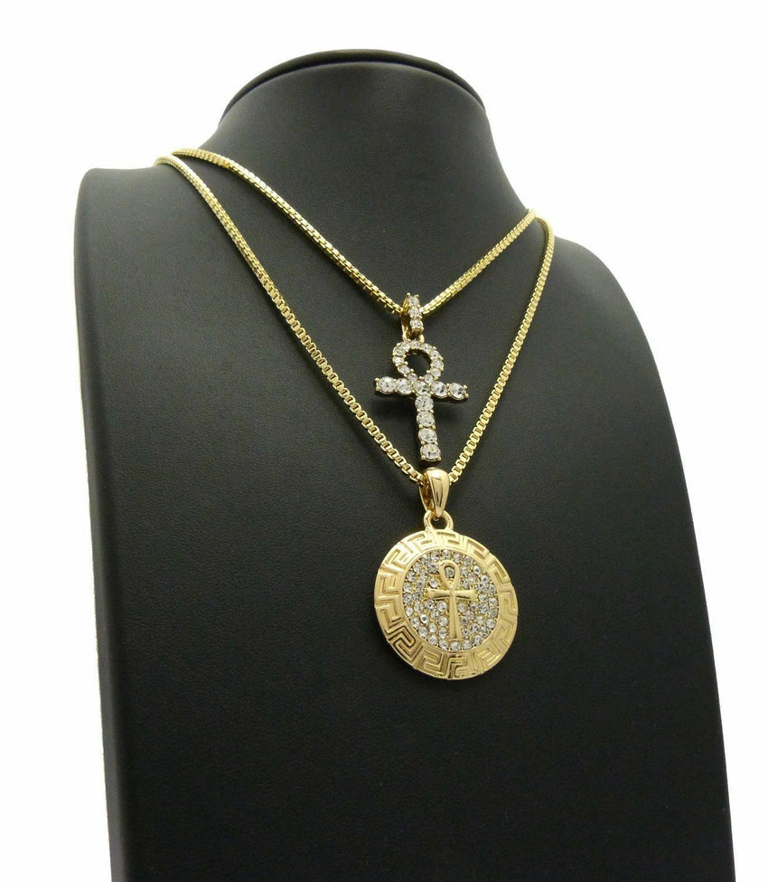 Iced Out Egypt Breath of Life Ankh Pendant w/ 24",30" Box Chain 2 Necklace Set