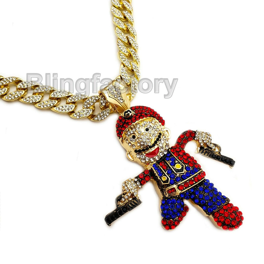 Hip Hop Mario Gun Man Pendant & 18" Full Iced Miami Cuban Choker Chain Necklace