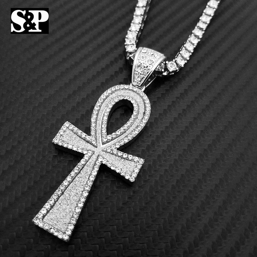 Ankh Cross Pendant & 18" Full Iced 1 Row Diamond Tennis Choker Hip Hop Chain Set