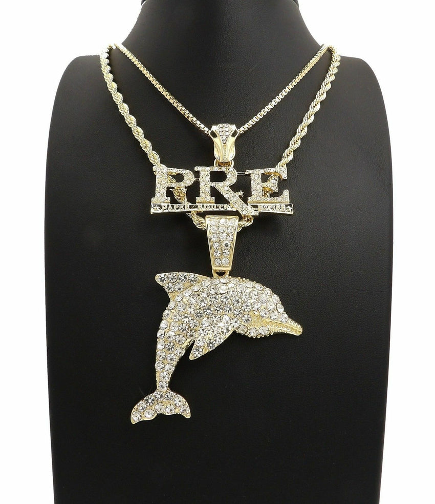 Hip Hop Iced Out Dolphin, PRE Pendant & 24" Box, 4mm 30" Rope Chain Necklace Set