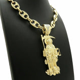 Hip Hop Iced Santa Muerte Pendant & 12mm 20" Marina Choker Chain Chain Necklace