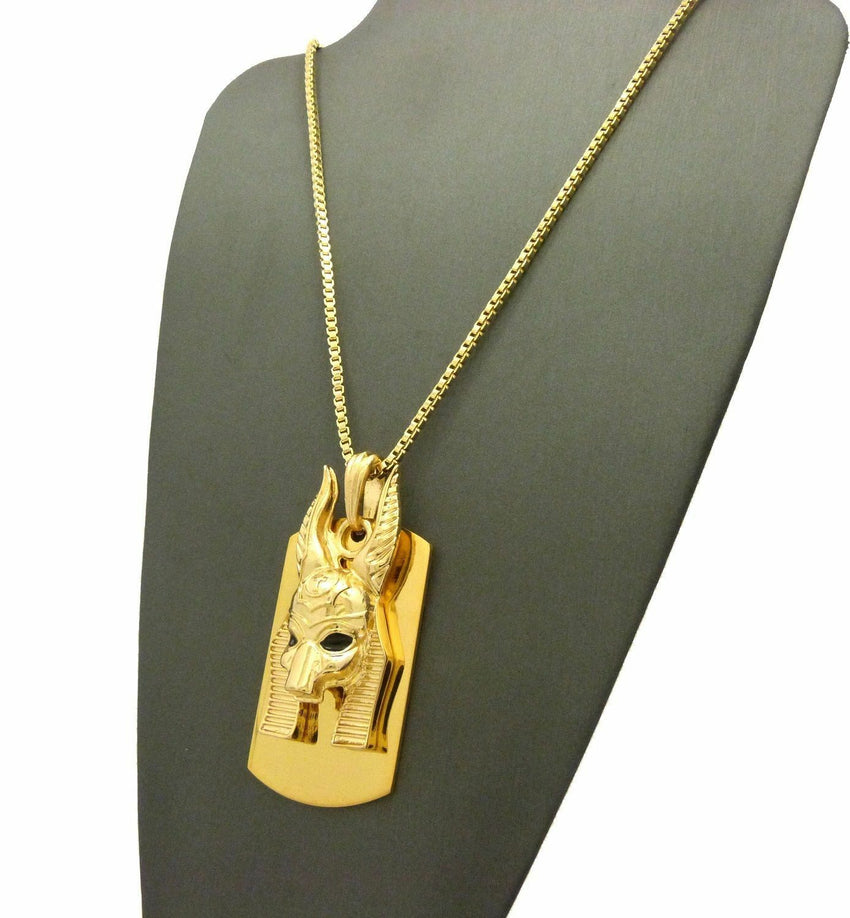 NEW GOLD PT ANUBIS HEAD DOG TAG PENDANT & 2mm 24" BOX CHAIN HIP HOP NECKLACE