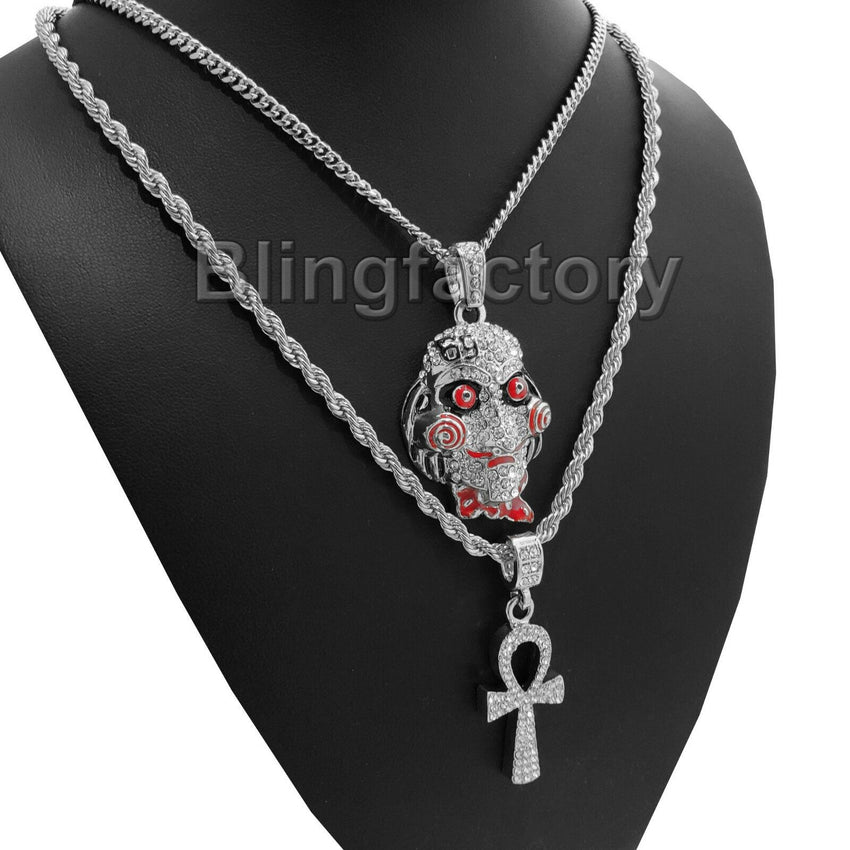 Iced Out Saw Inspired & Ankh Cross Pendant & 20" 24" Rope, Cuban Chain Necklace Set