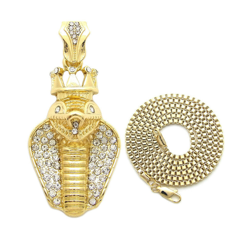 Iced Out King Crowned Cobra Pendant & 24" Box, Cuban, Rope Chain Hip Hop Necklace