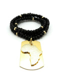 Hip Hop Glittered Africa Map & Dog Tag Pendant w/ 6mm 30" Wooden Bead Necklace