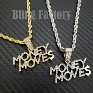 Hip Hop Iced out Money Moves Charm Pendant & 4mm 24