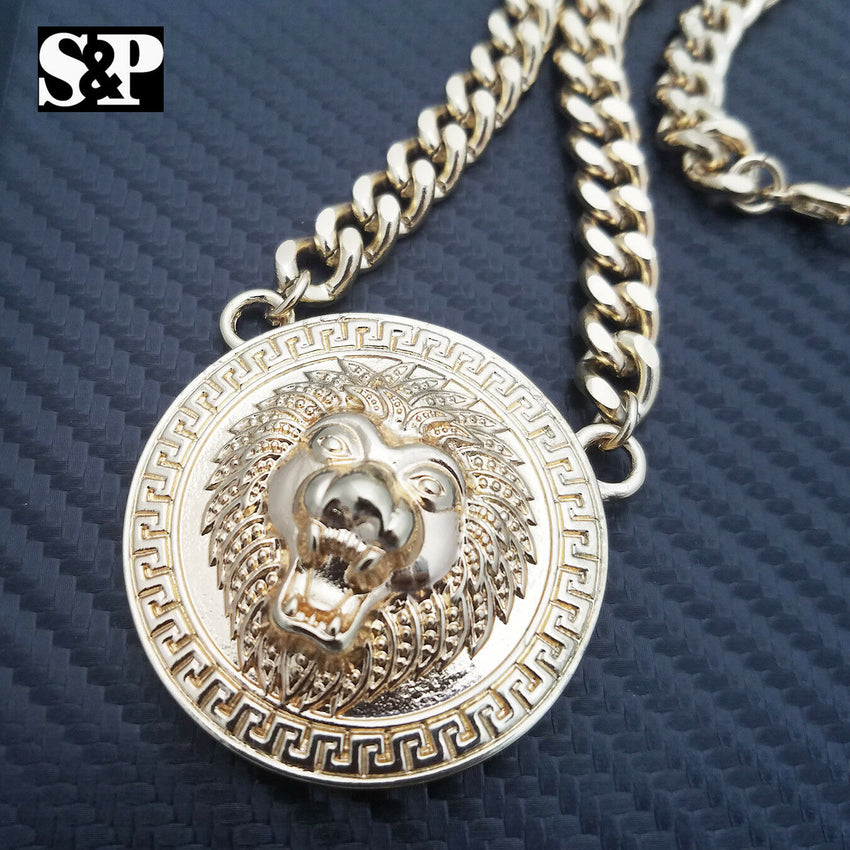 Hip Hop Gold Plated 16" Full Iced Cuban & Lion Face pendant Choker Chain Necklace Set