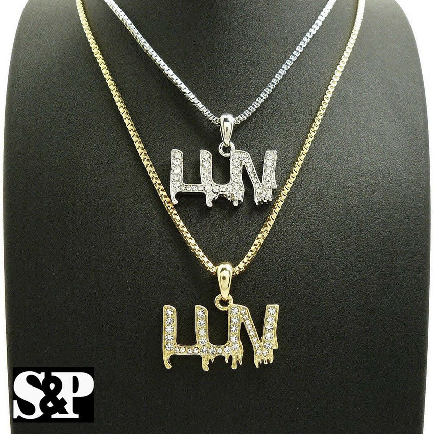 ICED OUT RAPPER'S MINI LUV PENDANT & 20", 24" BOX CHAIN HIP HOP NECKLACE SET
