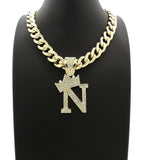 Hip Hop Crowned Alphabet Initial Pendant & 11mm 20" Cuban Choker Chain Necklace