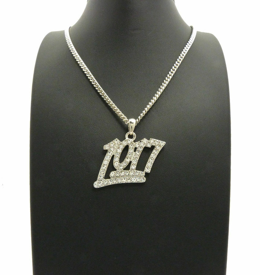 Iced Out Mini Number 1017 Pendant & 24" Box, Cuban, Rope Chain Hip Hop Necklace
