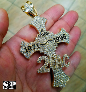 HIP HOP FULL ICED OUT GOLD PLATED RAPPER 2PAC CROSS LARGE PENDANT