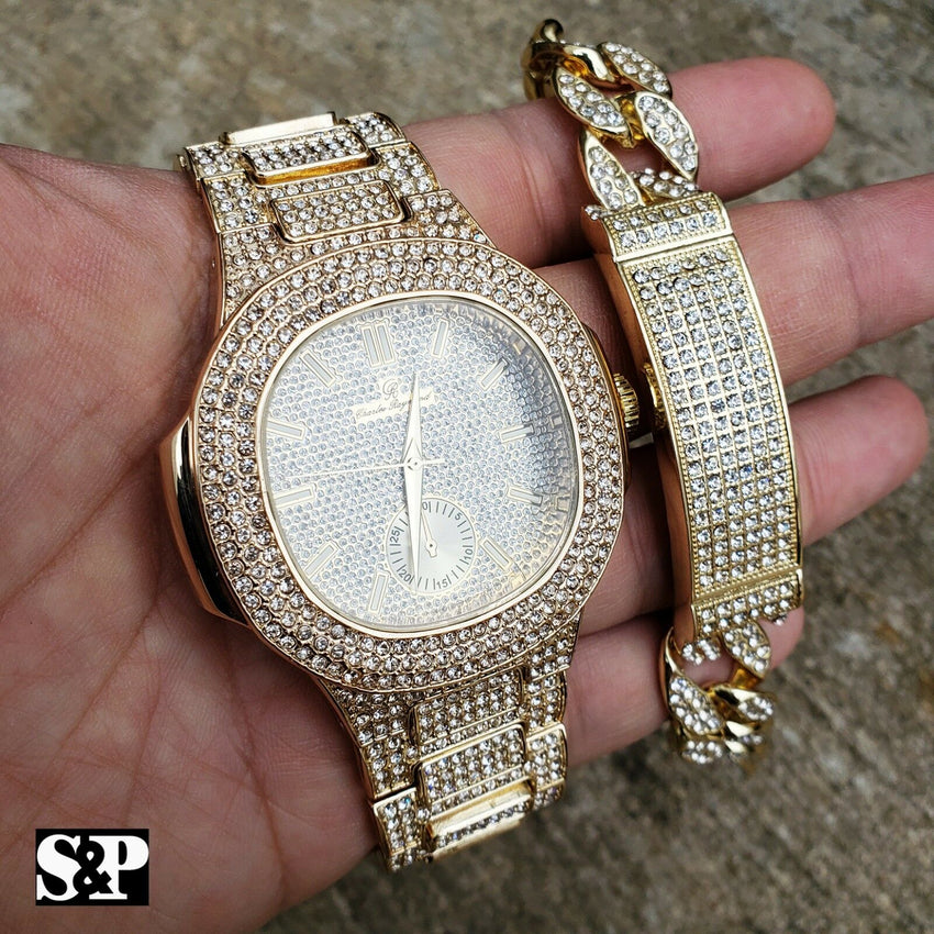 MEN'S HIP HOP GOLD PT BLING LAB DIAMOND WATCH & FULL ICED BRACELET COMBO SET