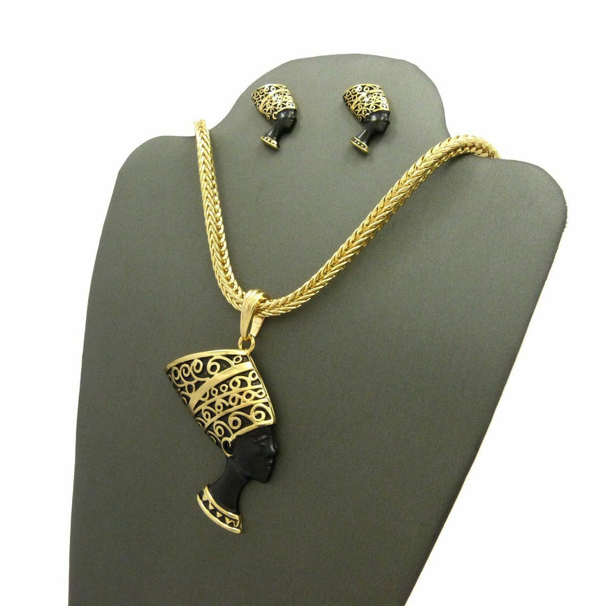 WOMEN'S NEFERTITI PENDANT & FRANCO CHAIN FASHION NECKLACE & EARRING COMBO SET