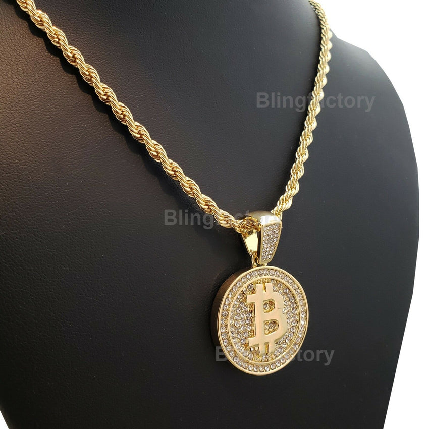 Hip Hop Iced out digital currency Bit Coin Pendant & 4mm 24" Rope Chain Necklace