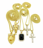New Hip Hop Iced Out Ankh, Cross, Onyx, Angel, Lion Head Pendant 5 Necklace Set