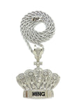 HIP HOP ICED OUT SILVER PT CROWNED KING PENDANT & 4mm 24" ROPE CHAIN NECKLACE