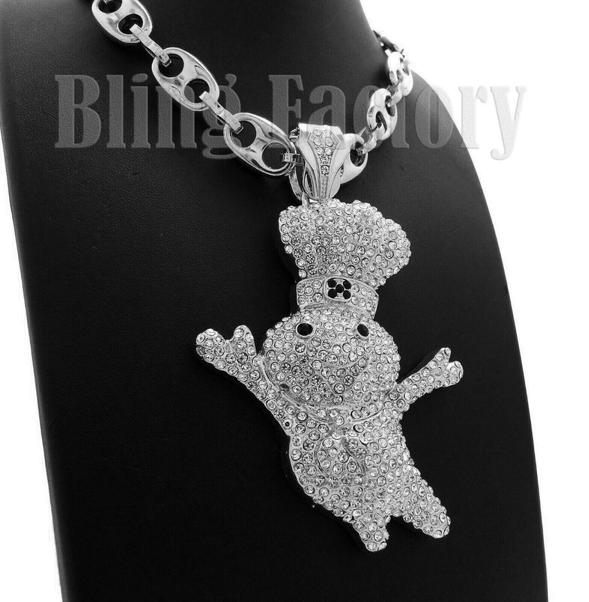Iced out Hip Hop Large Doughboy Pendant & 12mm 20" 24" 30" Marina Chain Necklace