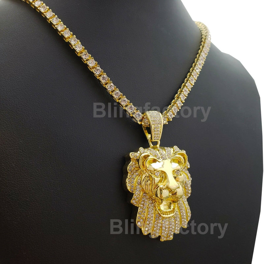 Hip Hop Lion Head Pendant & 18" Full Iced Cuban & 1 Row Tennis Choker Chain Necklace Set