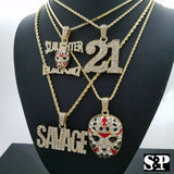 ICED OUT BLING 21 & SLAUGHTER GANG & SAVAGE PENDANT HIP HOP 4 NECKLACE COMBO SET