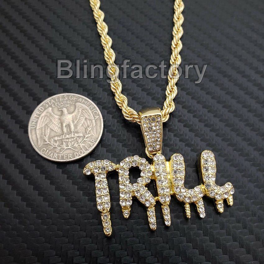 Hip Hop Iced Lab Diamond TRILL Drip Pendant & 4mm 24" Rope Chain Necklace