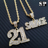 Men's Hip Hop Gold PT SAVAGE 21 Pendant w/ 4mm 24" Rope Chain 2 Necklace set