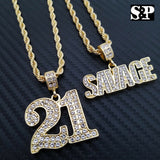 Men's Hip Hop Gold PT SAVAGE 21 Pendant w/ 4mm 24" Rope Chain 2 Necklace set