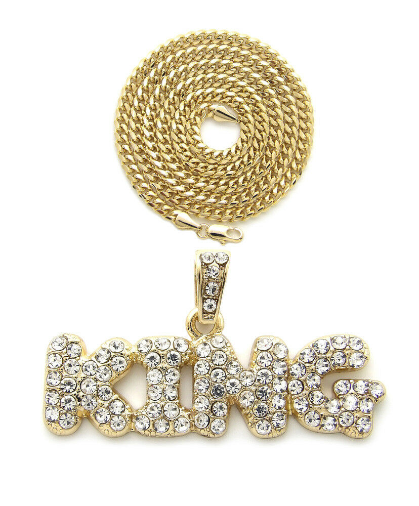 Iced Out Bubble Letter KING Pendant & 24" Box, Cuban, Rope Chain Hip Hop Necklace