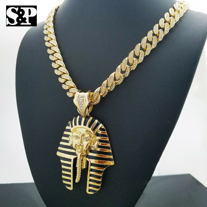 Hip Hop Egyptian Pharaoh Pendant & 12mm 30" Full Iced Cuban Link Chain Necklace