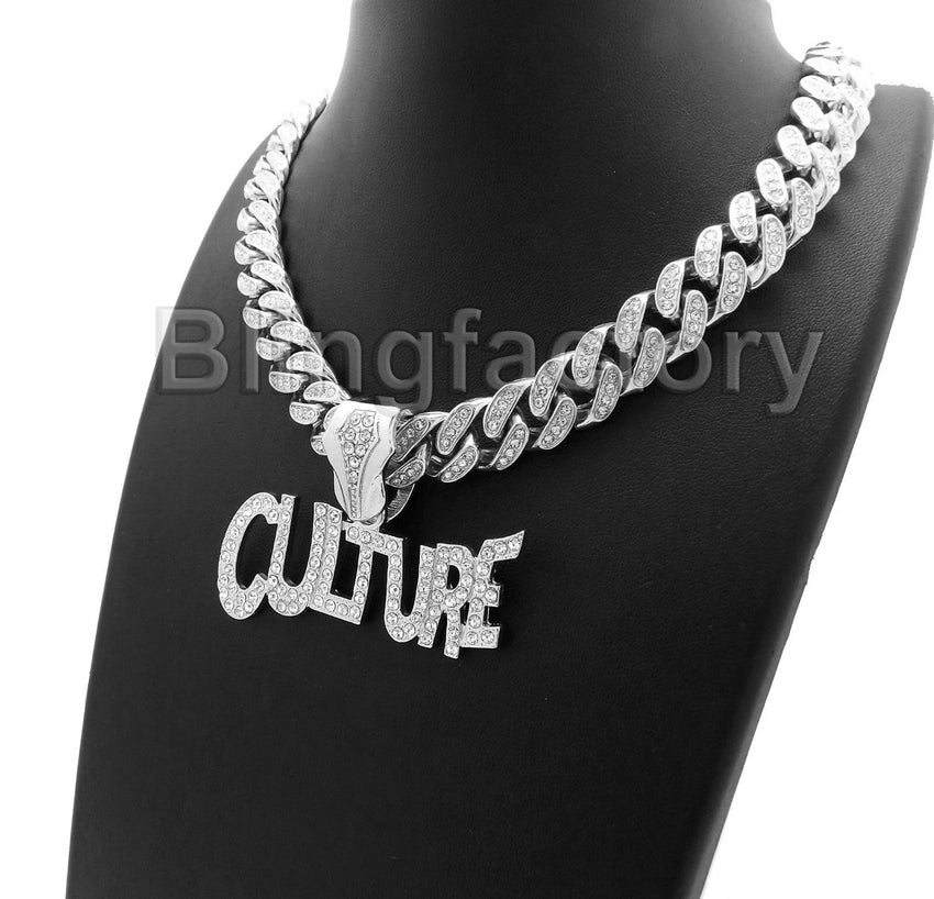 Hip Hop Migos CULTURE & 12mm 18" Full Iced out Cuban Link Choker Chain Necklace