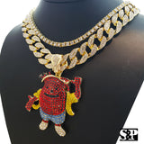 Hip Hop KOOL AID MAN w/ 18" Full Iced Cuban & 1 ROW DIAMOND Choker Chain Necklace Set