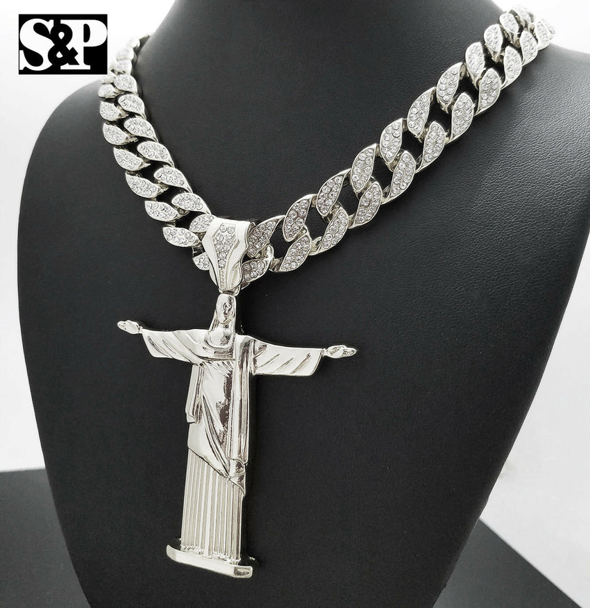 Jesus Body Pendant & 18" Full Iced Cuban Choker Chain Hip Hop Necklace Combo Set