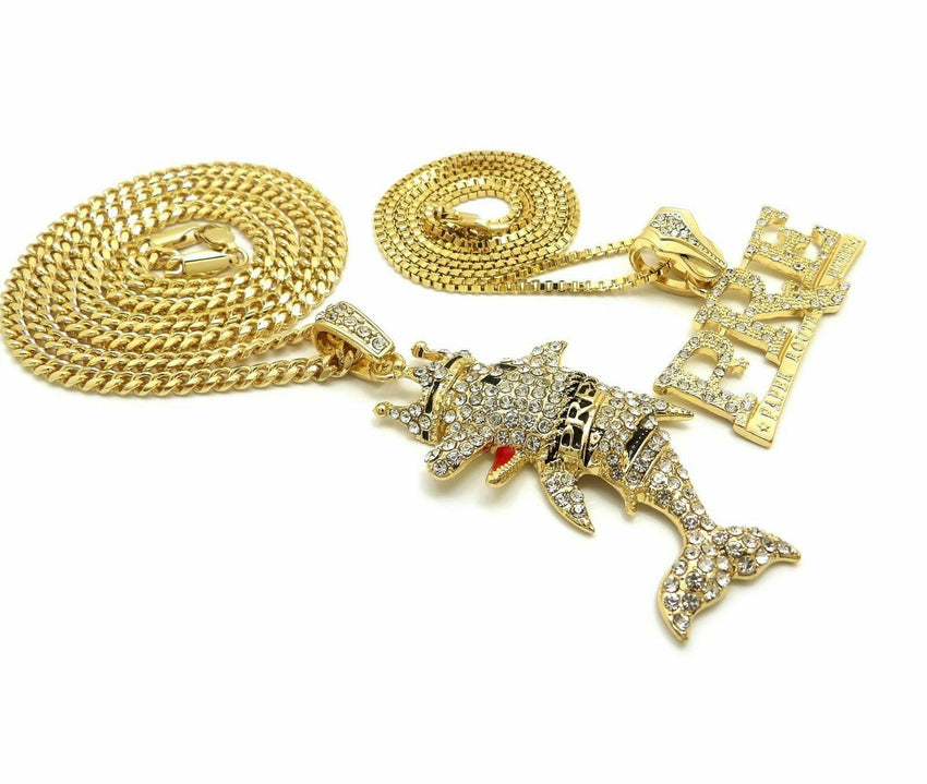 HIP HOP ICED OUT YOUNG DOLPH PRE & DOLPHIN PENDANT & 24", 27" CHAIN NECKLACE