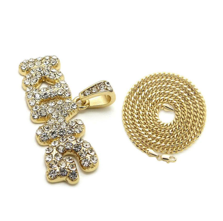 Iced Out Bubble Letter KING Pendant & 24" Box, Cuban, Rope Chain Hip Hop Necklace