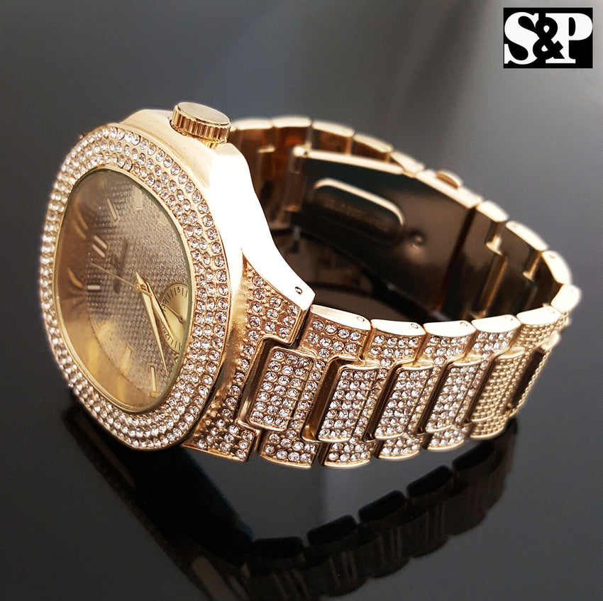 NEW MEN ICED HIP HOP GOLD PT LAB DIAMONDS JAY-Z WATCH & BRACELET COMBO SET