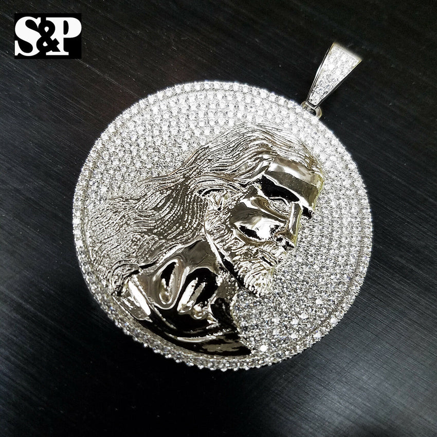 HIP HOP ICED OUT WHITE GOLD PLATED BRASS MICRO PAVE JESUS FACE MEDALLION PENDANT