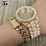 MEN HIP HOP ICED OUT LAB DIAMOND WATCH & RING & CUBAN CHAIN BRACELET COMBO SET