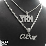 Hip Hop Migos Iced out CULTURE, YRN Pendants & Box, Rope Chain 2 Necklace set