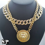 Hip Hop Gold Plated 16" Full Iced Cuban & Lion Face pendant Choker Chain Necklace Set