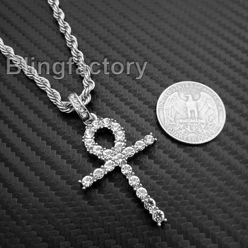 Hip Hop Iced out Lab Diamond Ankh Cross Pendant & 4mm 24" Rope Chain Necklace
