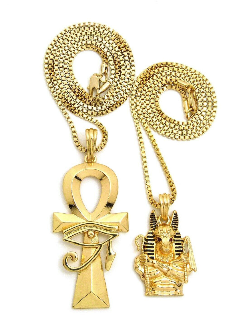 HIP HOP ANUBIS & ANKH CROSS PENDANT & 24", 30" BOX CHAINS HIP HOP NECKLACE SET