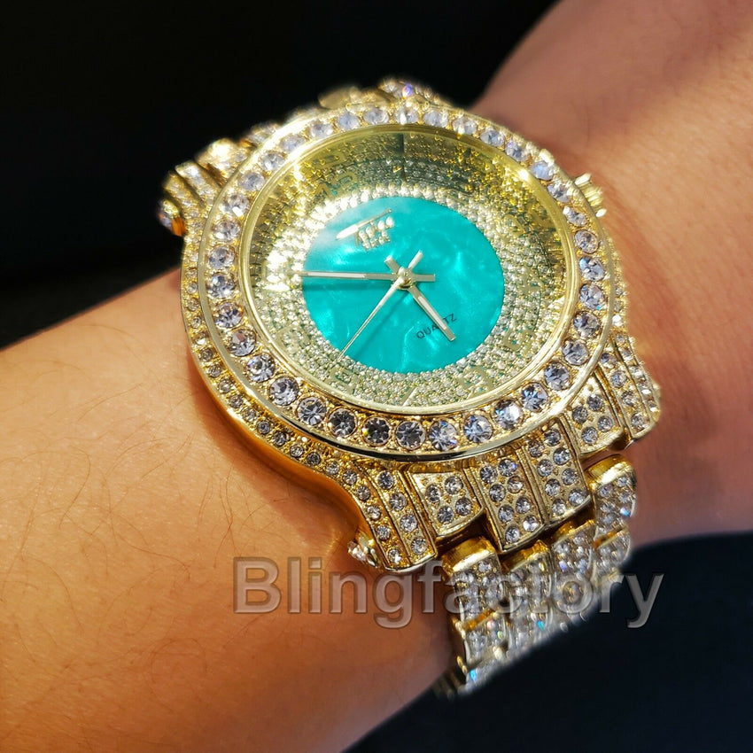 Men Hip Hop Iced out Gold Plated Bling Green Dial Lab Diamond Rapper Metal Watch