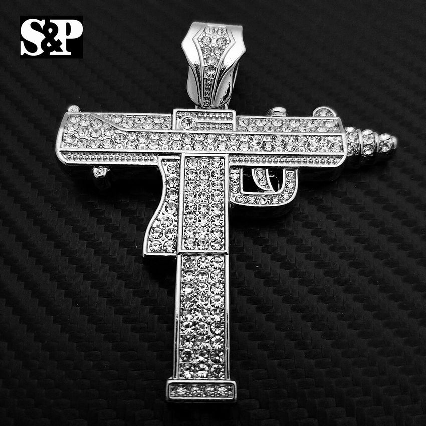 Hip Hop Rapper Iced Out Lab Diamond White Gold plated Large Machine Gun Pendant