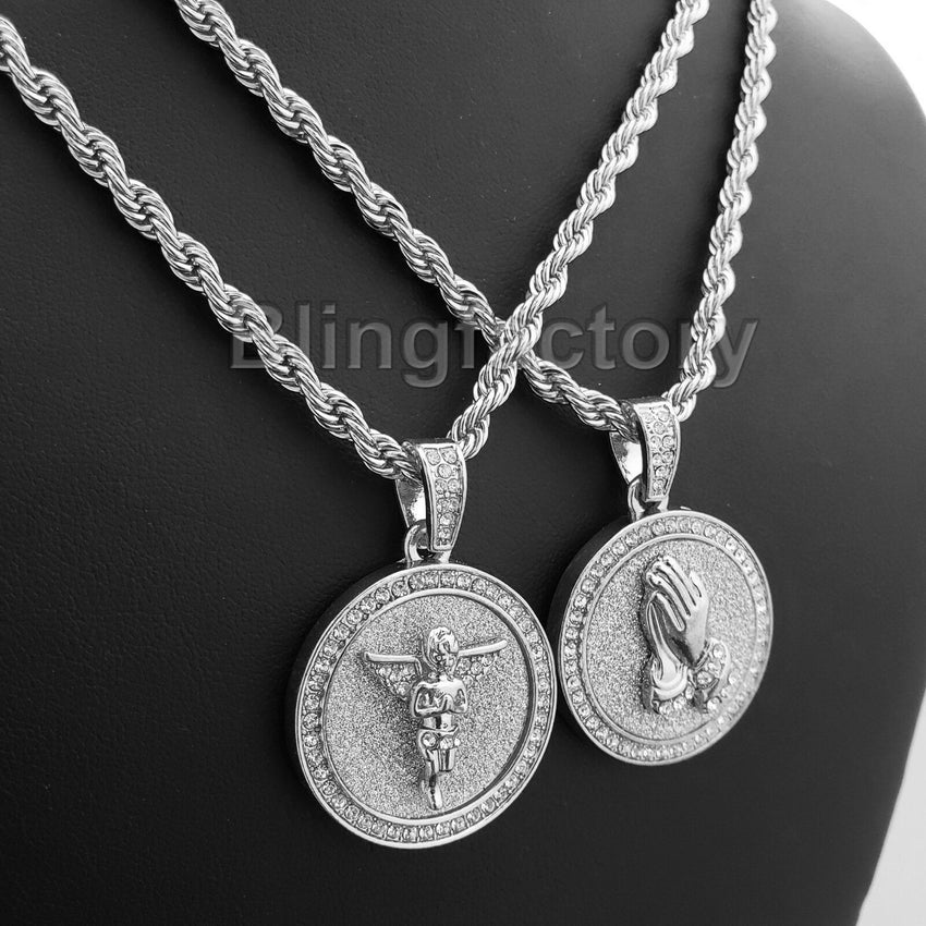 Hip Hop Iced Out Baby Angel & Praying Hands Pendant & 24" Rope Chain Necklace