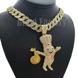 Hip Hop Iced Doughboy Money Bag Pendant & 18" Iced Cuban Choker Chain Necklace