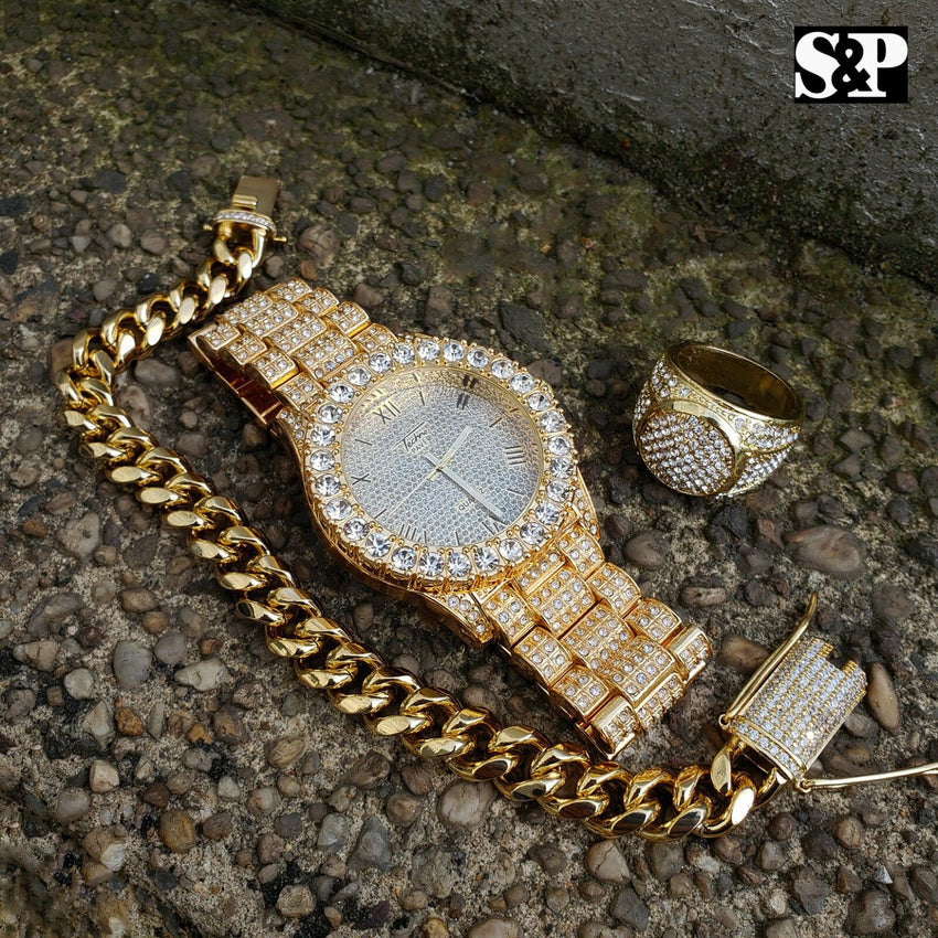 MEN HIP HOP ICED OUT LAB DIAMOND WATCH RING CUBAN CHAIN BRACELET C